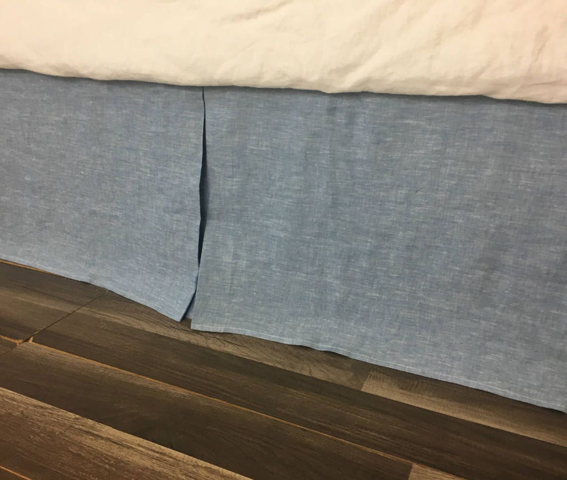 Chambray Surf Blue Bed Skirt Tailored Pleats Natural Linen Etsy