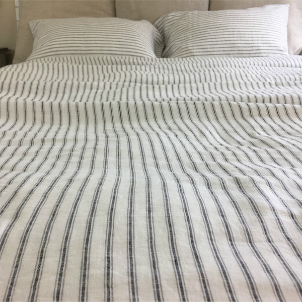 Iron and Whites Striped Linen Duvet Cover, Weaved Striped Linen Duvet Cover, Custom Size Duvet Cover