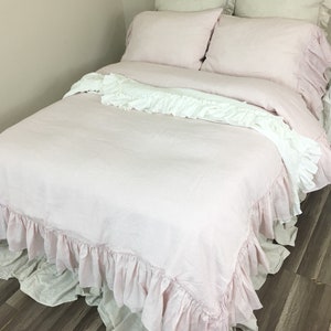 Blush Pink Linen duvet cover with country mermaid long ruffles, shabby chic bedding, Made to order