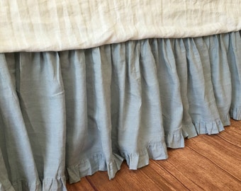Duck Egg Blue bedskirt with ruffle hem, linen dust ruffles, bed skirts, shabby chic bedding, Romantic country