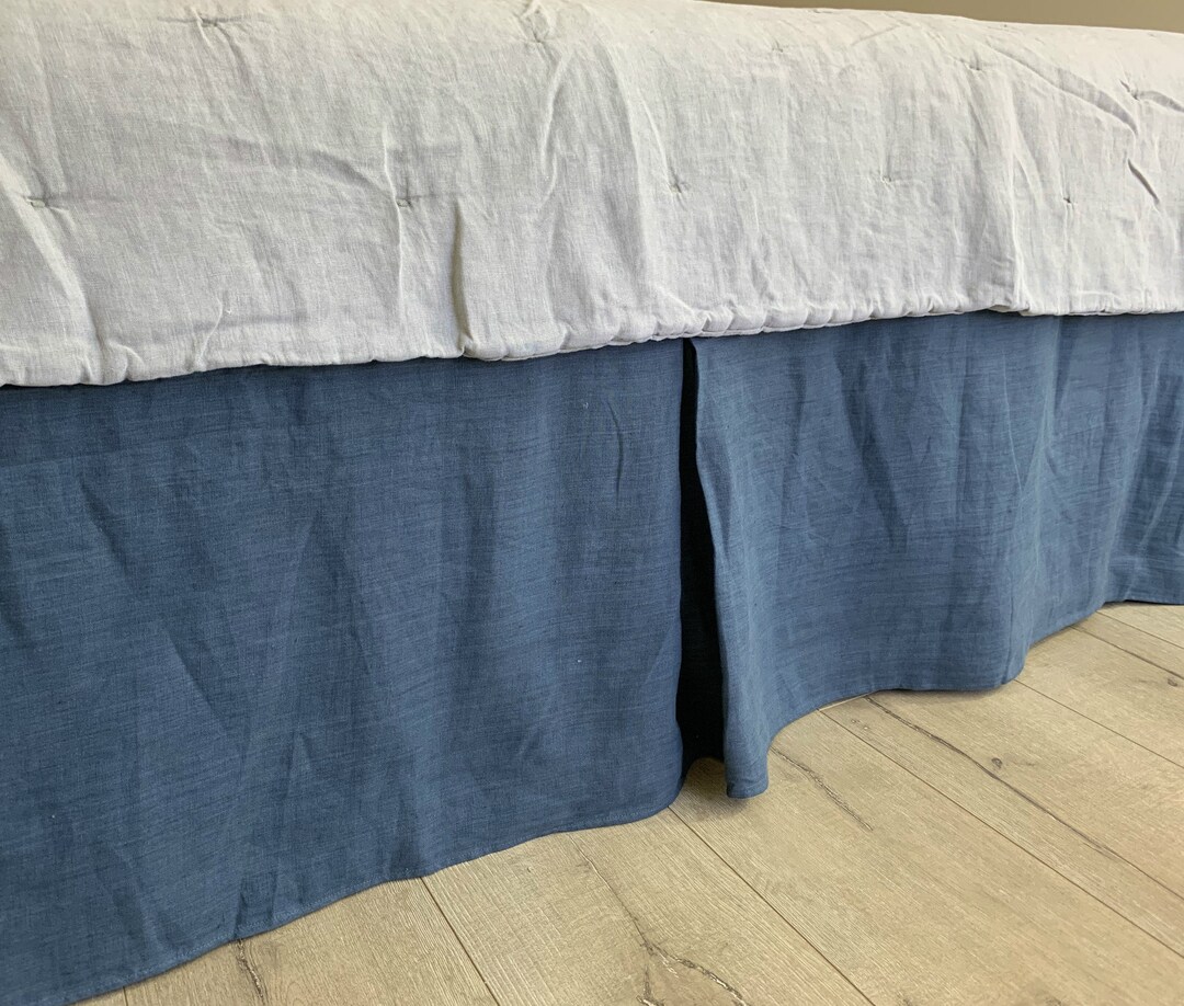 Navy Blue Linen Bed Skirt With Tailored Pleats, 1024 Drop or Custom
