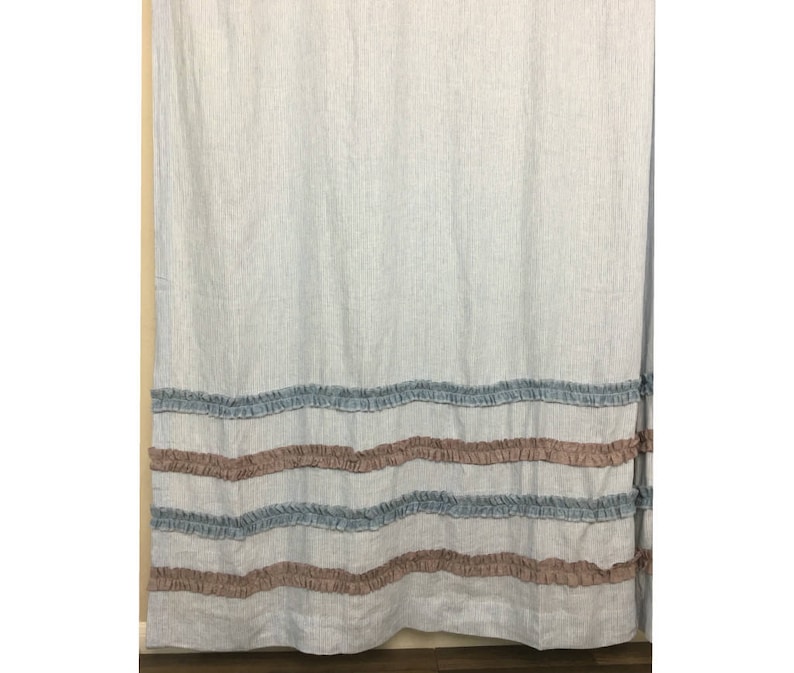 Blue and White Ticking Stripe Shower Curtain With Chambray Etsy