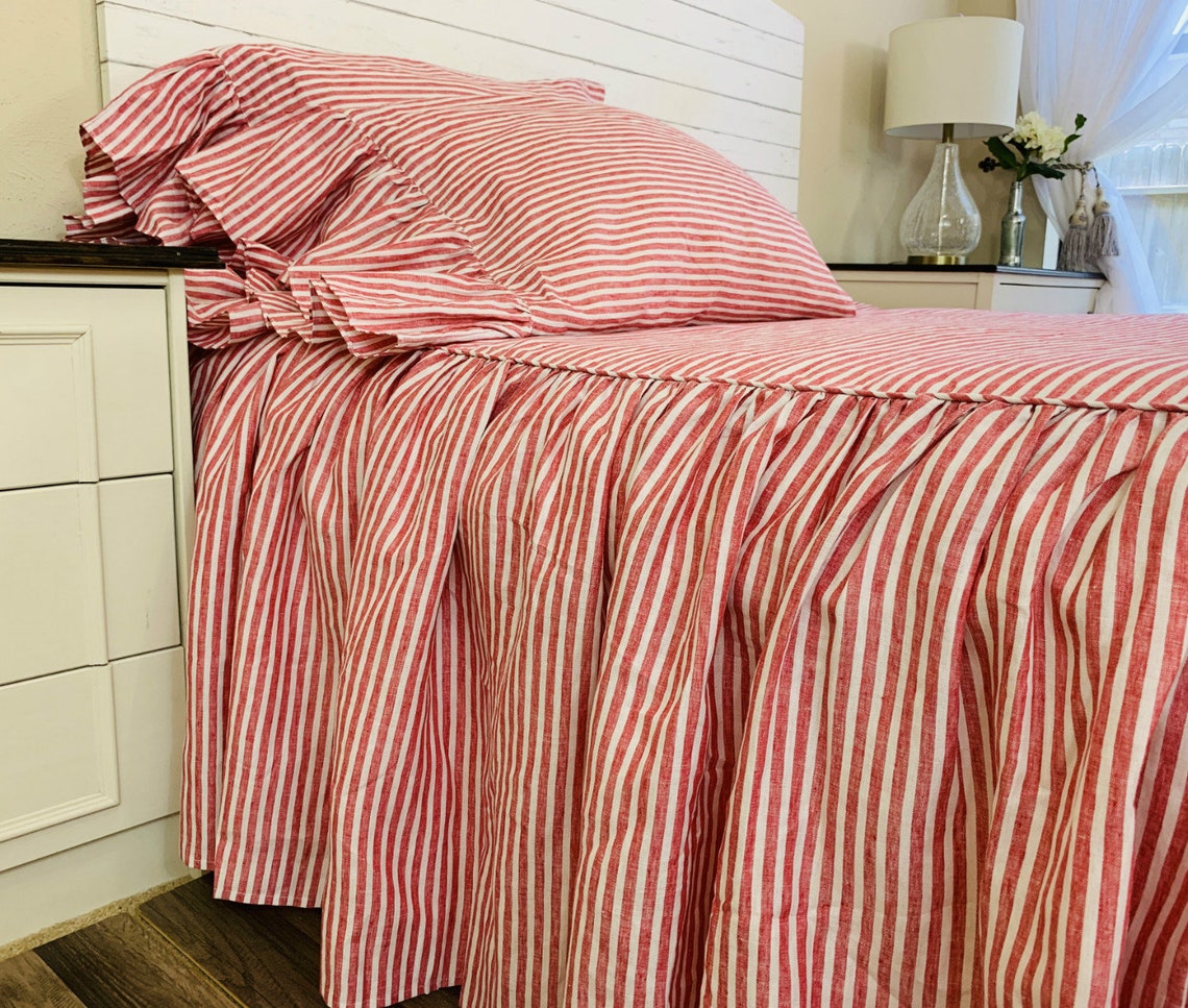 Red and White Striped Bedspread Linen Bed Cover Farmhouse Etsy