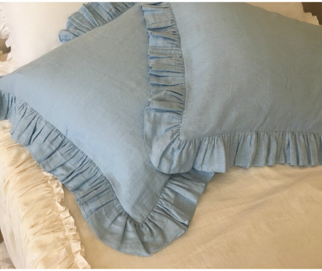 BLUE Ruffle Pillow Covers, Linen Ruffle Pillow Covers, Accented Pillow