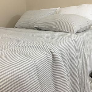 Grey and White Striped Linen Bed Sheets, top sheet, fitted sheet, 2 pillow cover, top sheet, Neutral Stripes for Him and Her