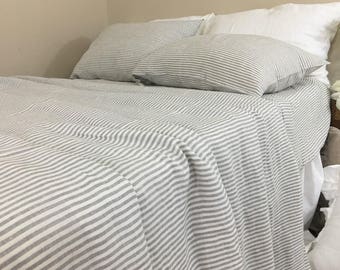 Grey and White Striped Linen Bed Sheets, top sheet, fitted sheet, 2 pillow cover, top sheet, Neutral Stripes for Him and Her