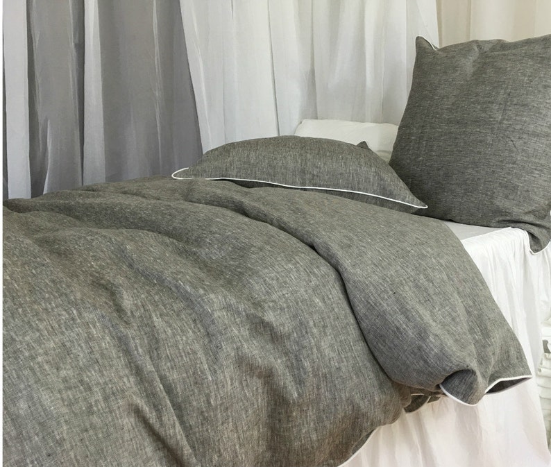 Chambray Grey Linen Duvet Cover with Soft White Piping Etsy