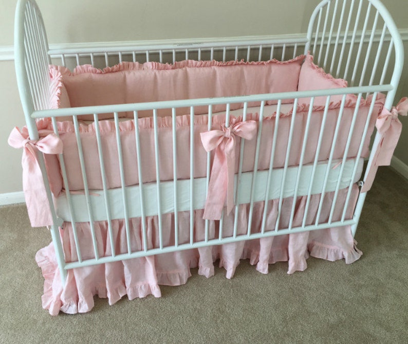 Pink Ruffle Crib Bedding in natural linen Baby Girl Bedding Etsy