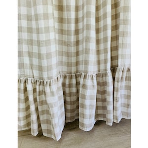 Buffalo Check Plaid Linen Shower Curtain Mermaid Long Ruffles, Custom Shower Curtain Extra Long, Wide