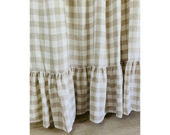 Buffalo Check Plaid Linen Shower Curtain Mermaid Long Ruffles, Custom Shower Curtain Extra Long, Wide