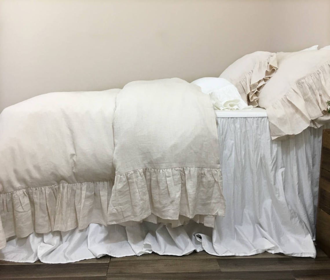 Cream Linen Duvet Cover With Mermaid Long Ruffles Sumptuous Etsy UK
