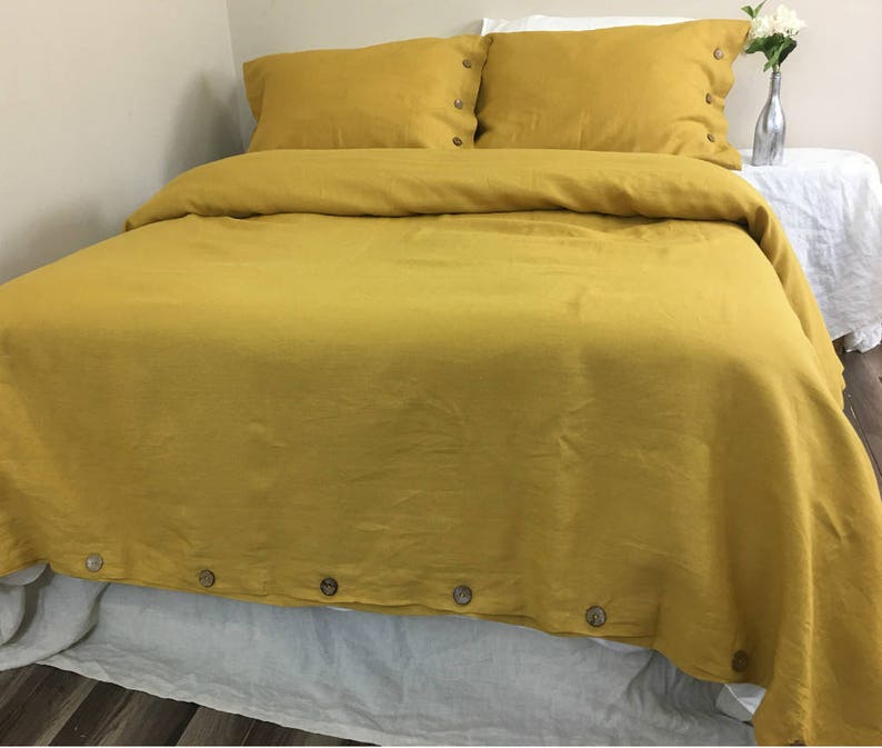 Mustard Gold Linen Duvet Cover with Wood Button Closure Etsy