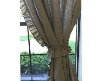 A pair of Dark Linen curtains with ruffles on the leading edges, extra long curtains, Custom Curtains