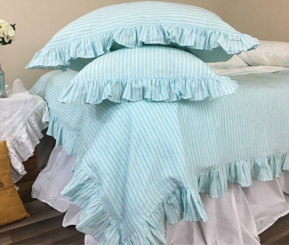 Fresh Green And White Striped Linen Duvet Cover Self Ruffled Etsy