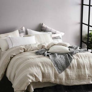 Linen Striped Duvet Cover, weaved in undyed natural linen and unbleached soft white linen, Minimal Modern!