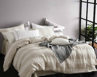 Linen Striped Duvet Cover, weaved in undyed natural linen and unbleached soft white linen, Minimal Modern!