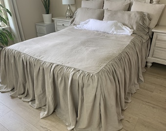 Dark Linen Bedspread with ruffled bed cover, ruffle linen bed cover, shabby chic linen coverlet, Medium Weight Linen