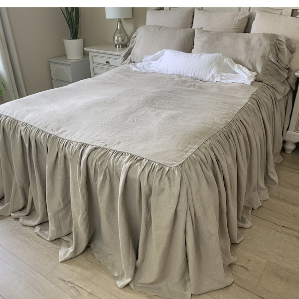 Dark Linen Bedspread with ruffled bed cover, ruffle linen bed cover, shabby chic linen coverlet, Medium Weight Linen