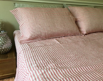 Red and White Striped Bed Sheets in 
