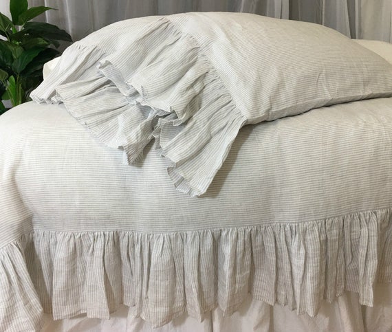 Stone Grey And White Ticking Striped Duvet Cover With Mermaid Etsy