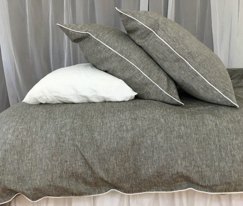 Chambray Grey Linen Duvet Cover With Soft White Piping Chambray Grey Linen Duvet Cover With Soft White Piping Available In Twin Full