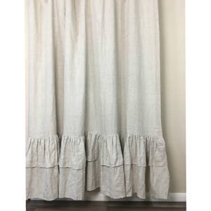 Natural Linen Shower Curtains with two tiered of Mermaid Long Ruffles, Medium weight linen, 72x72, 72x85, 72x94, or Custom Size