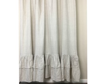 Natural Linen Shower Curtains with two tiered of Mermaid Long Ruffles, Medium weight linen, 72x72, 72x85, 72x94, or Custom Size