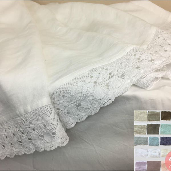 Natural Linen Bed Sheets with Crochet Lace Trim, 40+ Linen Fabric Choices