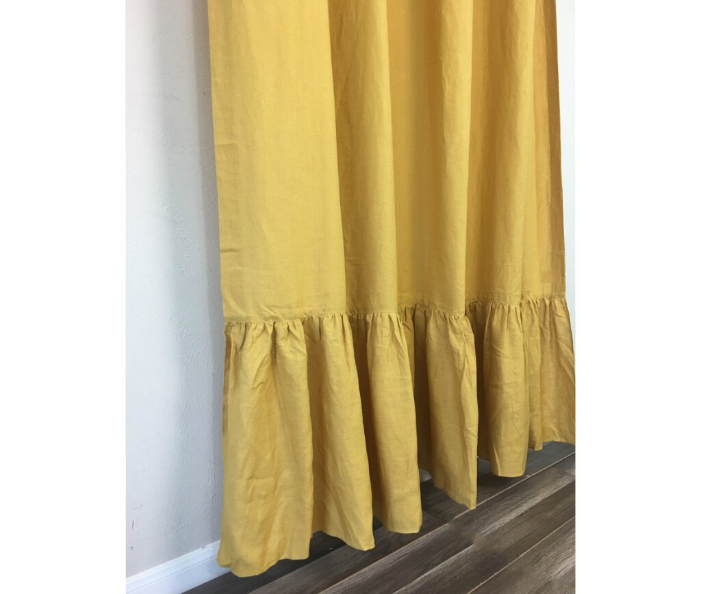 Mustard Gold Linen Shower Curtain With Mermaid Long Ruffles Etsy Canada
