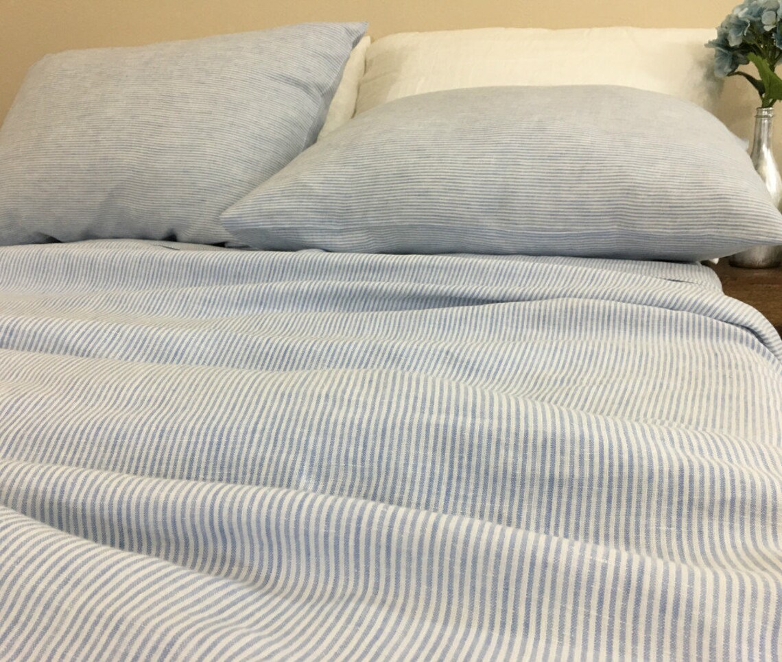 Blue and White Ticking Striped Bed Sheets Set crafted from Etsy
