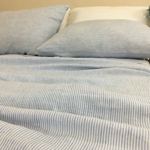 Blue and White Ticking Striped Bed Sheets Set, crafted from butter soft prewashed linens!