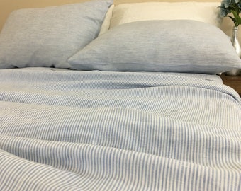 Blue and White Ticking Striped Bed Sheets Set, crafted from butter soft prewashed linens!