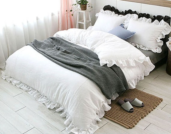 White Ruffle Duvet Cover Natural Linen Linen Bedding Ruffle Etsy