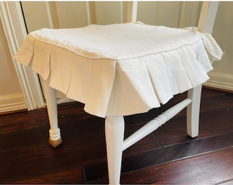 White Linen Chair Seat Cover with Pleated Ruffles, Made to Fit