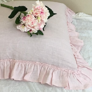 Chambray Blush Pink Euro Sham with Country Ruffles, Natural Linen,  12x16, 16x16, 18x18, 20x20, 24x24, 26x26 or custom size