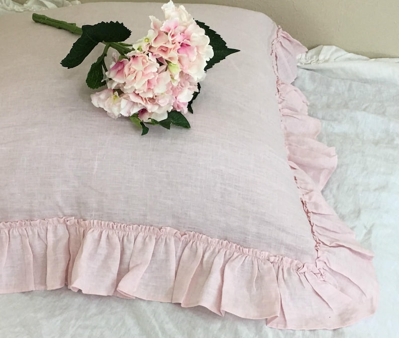 Chambray Blush Pink Euro Sham with Country Ruffles, Natural Linen, 12x16, 16x16, 18x18, 20x20, 24x24, 26x26 or custom size image 1