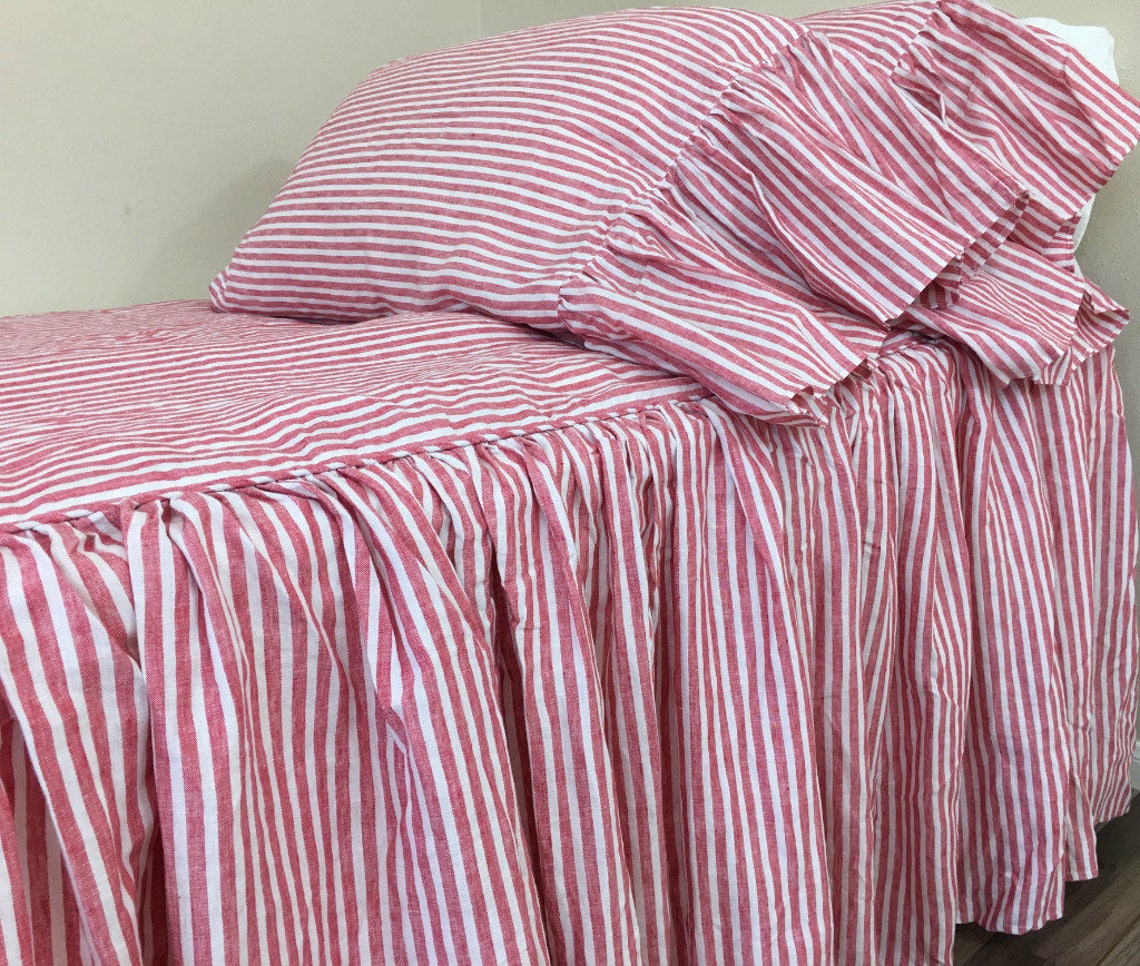 Red and White Striped Bedspread Linen Bed Cover Farmhouse Etsy