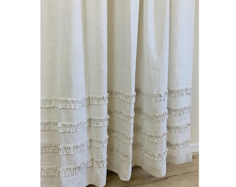 Natural Linen Ticking Striped Shower Curtain with 4 Rows of Ruffles, All sizes or Custom Size