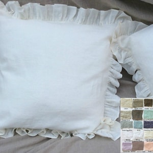 Natural linen ruffle euro sham cover, Ruffle pillow covers,  accented pillow sham cover,  41 + colors in white pink blue stripes, All Sizes