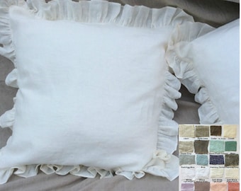 Natural linen ruffle euro sham cover, Ruffle pillow covers,  accented pillow sham cover,  41 + colors in white pink blue stripes, All Sizes
