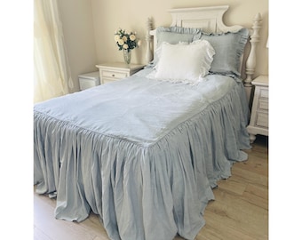 Mountain Fog Linen Bedspread with Ruffle Skirt, Shabby Chic Coverlet, French Country Farmhouse Bedding, Cottage Style