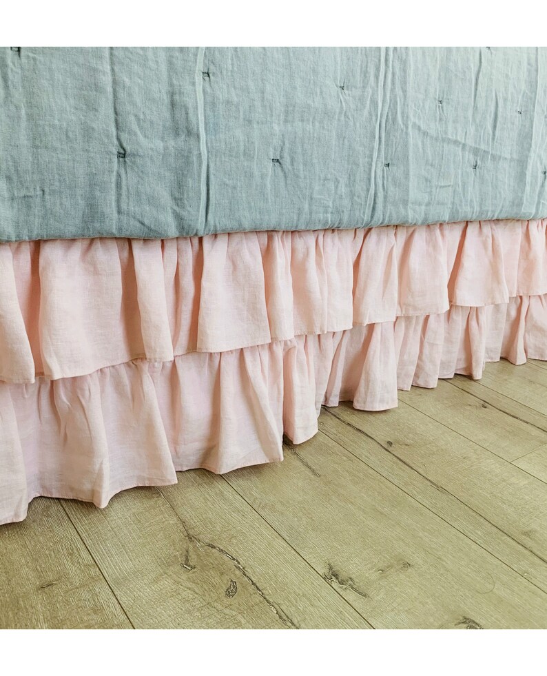 Dogwood Pink Linen Bed Skirt With 2 Tiered Ruffles Natural Etsy