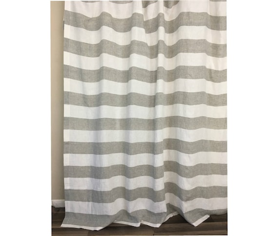 Tenda Doccia In Misto Lino E Cotone Awellife - Righe Grigie, Stile Rustico, 198x183 Cm, Con Asole In Metallo