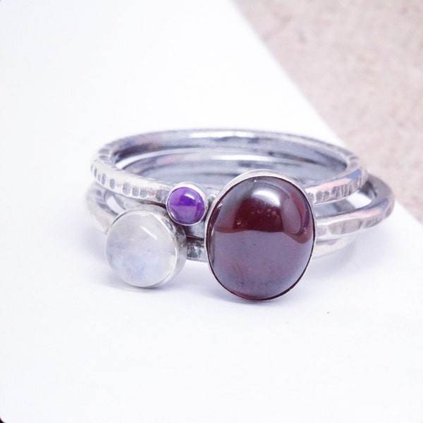 Stacking amethyst moonstone and garnet rings| antiqued stacking silver rings| unusual stacking ring| boho stacking rings| knuckle rings