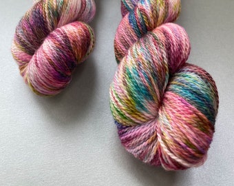 Hand dyed Polwarth and Tussah silk sock yarn. Dark confetty.