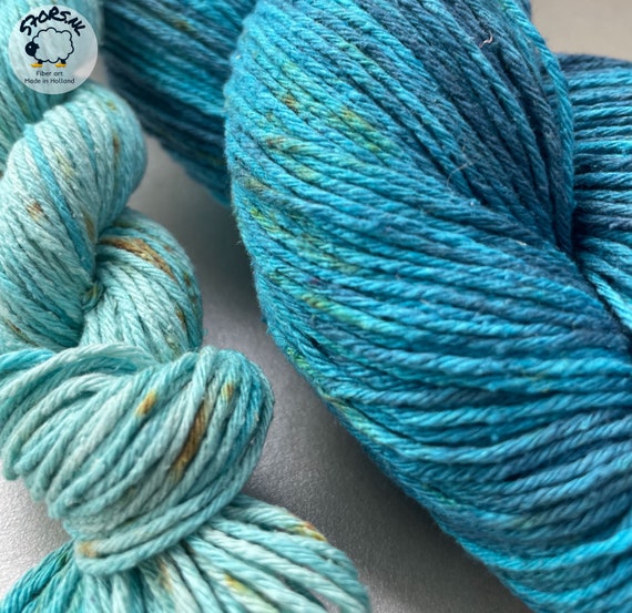 Hand dyed ‘Ocean’ Mulberry silk crochet yarn set. This 'tweed effect' 100% silk yarn is unlike any other.
