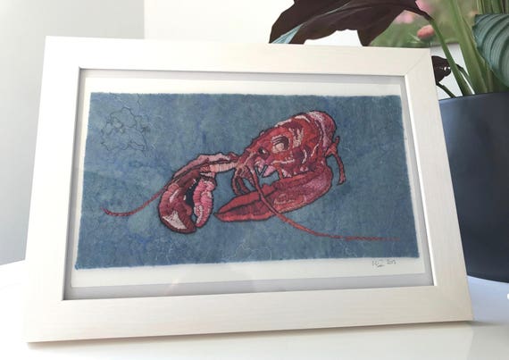 Hand embroidered, felted and indigo dyed fiber art lobster. Made out of hand dyed Merino Wool, Tussah silk, silk threats and embroidery yarn