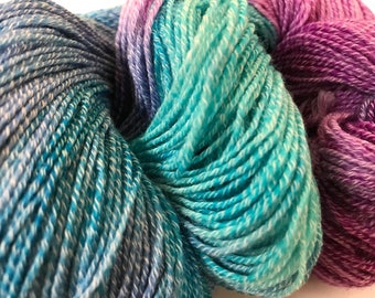 Hand dyed Merino and nylon sock yarn in cyan, emerald and magenta