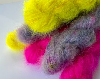 Hand dyed Mohair effect yarn. Super fluffy in spectacular neons.