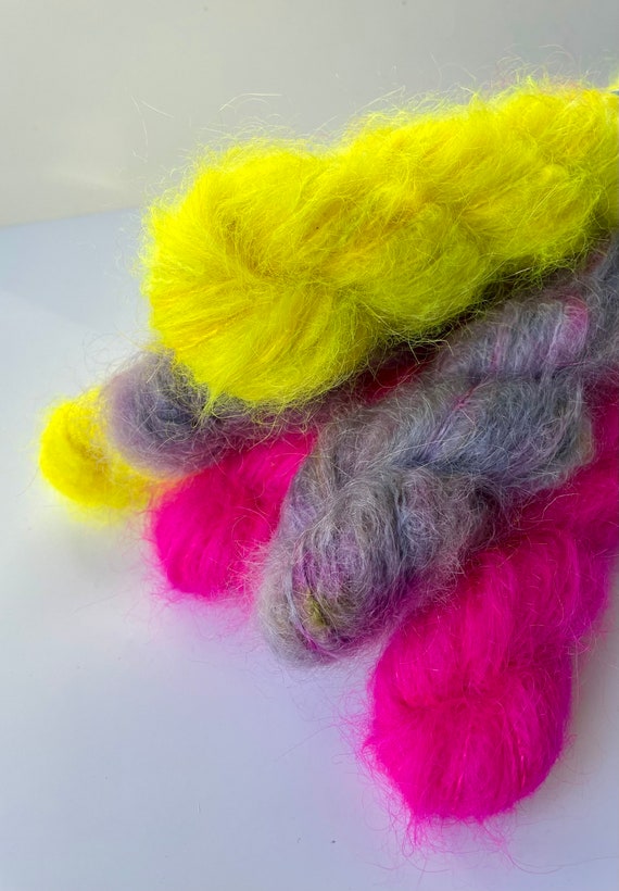 Hand dyed Mohair effect yarn. Super fluffy in spectacular neons.